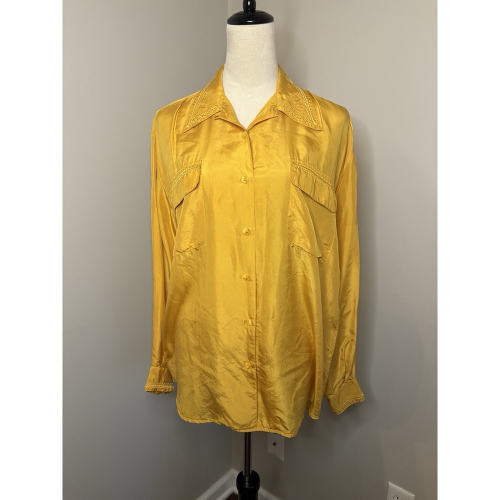 VTG Marnie West Blouse 100% Silk Golden Yellow Embroidered 90s Western Sz Medium